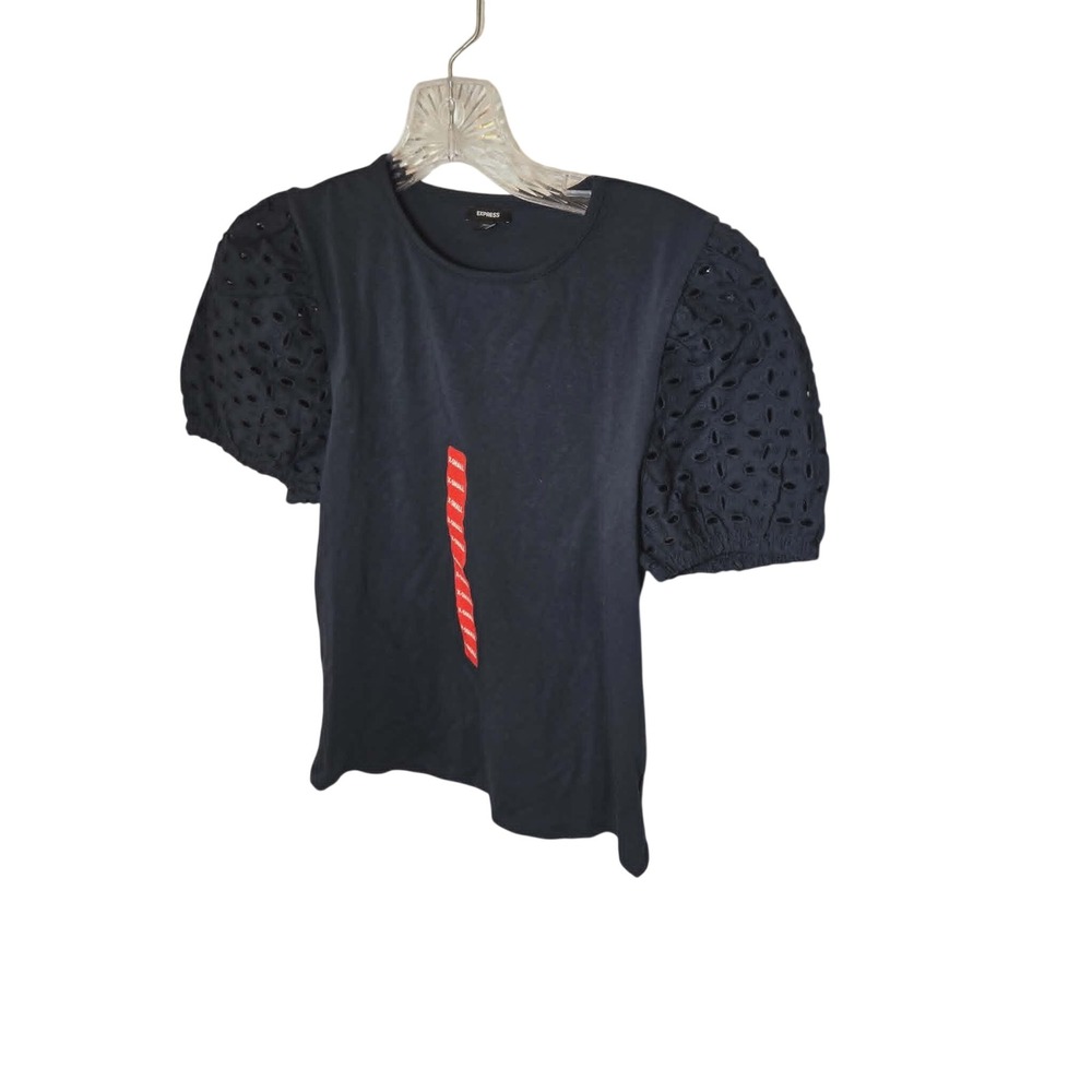 Express Womens Navy Blue Eyelet Puff Short Sleeve Knit Top XS New